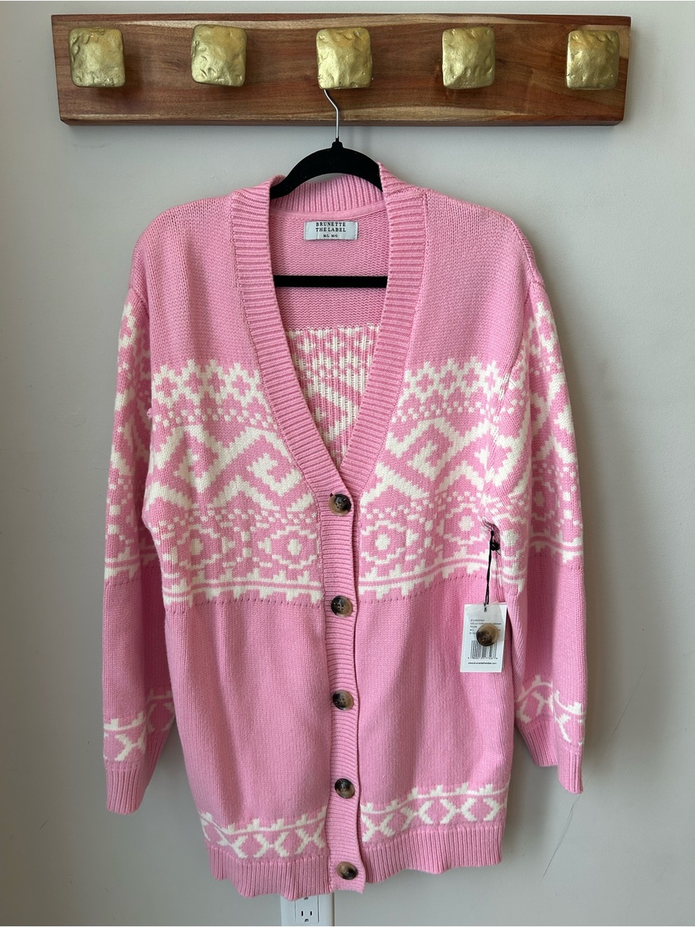 NWT Brunette the Label Pink Fair Isle Oversized Cardigan M/L Cozycore